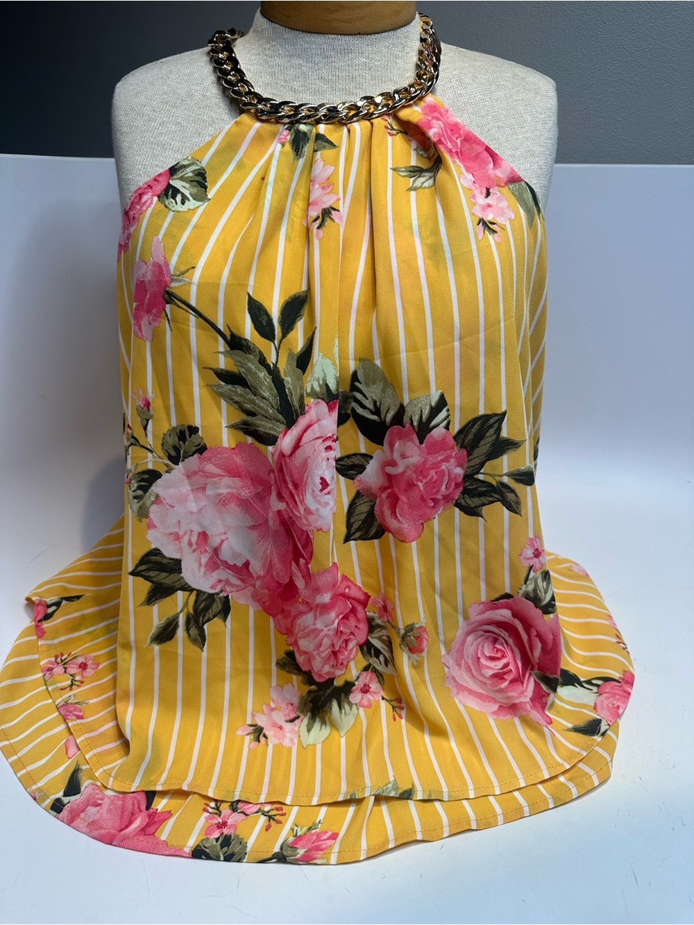Stella Tweed Yellow Floral Halter Chain-Accent Top
